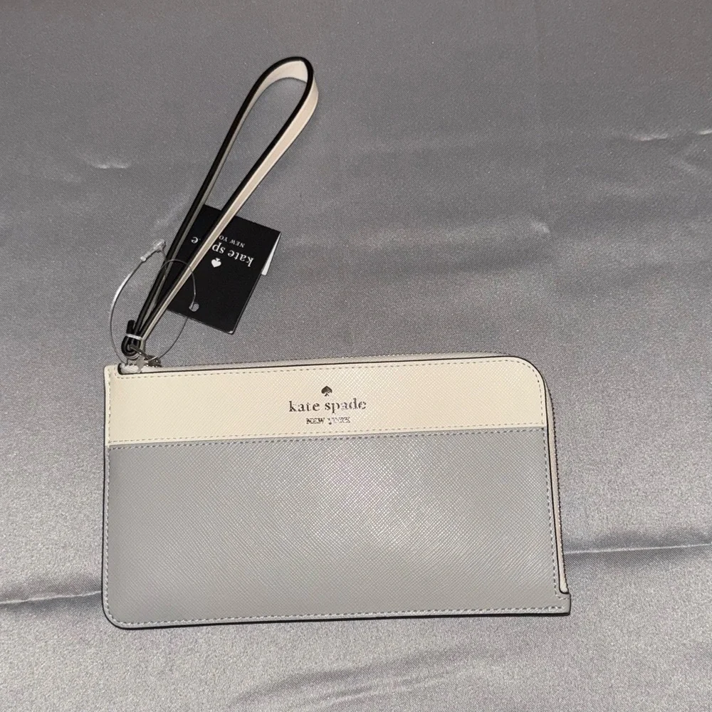 Kate‎ Spade New York Gray & Cream Zip Wristlet Wallet Saffiano Leather NEW